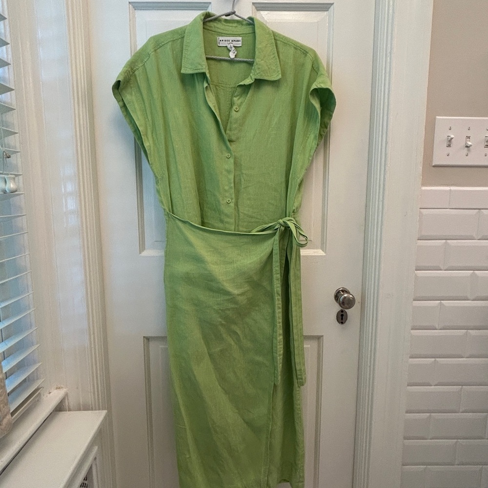 Apiece Apart Green Tie Front Midi Dress with Notched Collar